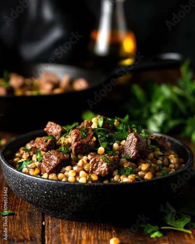 Hearty beef and lentil dish rustic kitchen food cozy atmosphere close-up culinary delight photo