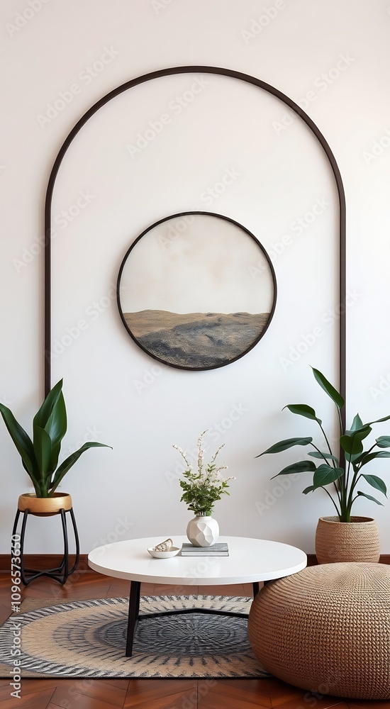 Modern living room with white coffee table, round rug, plants and a framed picture of a landscape. Modern living room with white coffee table, round rug, plants and a framed picture of a landscape.
