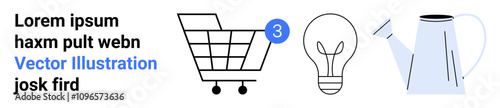 Shopping cart with number three in a blue circle, wireframe-style light bulb, and light blue watering can. Ideal for e-commerce, innovation, gardening, online shopping, sustainability, DIY projects