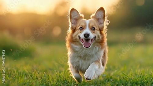 A playful dog running in a green field during sunset