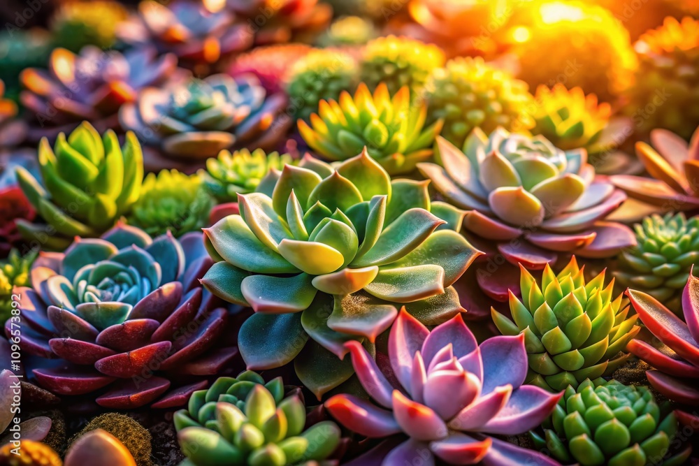 Fototapeta premium Captivating Portrait Photography Featuring a Lush Background of Miniature Succulent Plants in Vivid Colors and Intricate Detail for Nature Lovers and Garden Enthusiasts