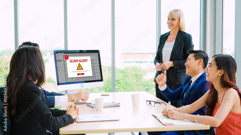 Fototapeta premium Cyber security software show alert of cyber attack for protection snugly. Danger from virus, phishing and cyber fraud.