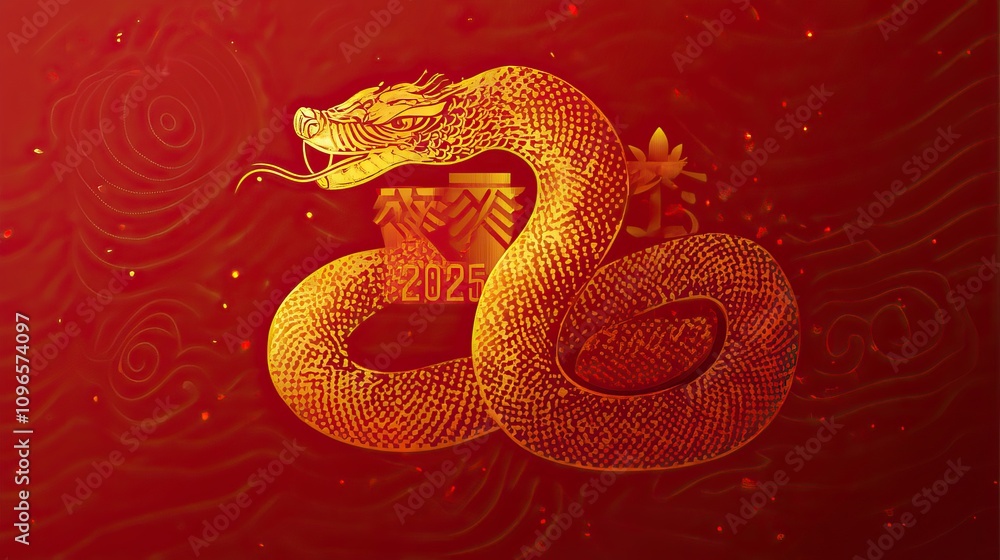 Obraz premium Red and gold themed Chinese New Year design with a decorative snake, symbolizing prosperity and luck. AI generated image
