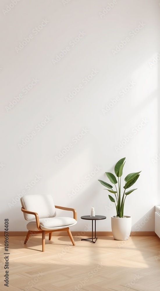 White armchair with wooden legs and a black side table with a pot plant against a white wall. White armchair with wooden legs and a black side table with a pot plant against a white wall.