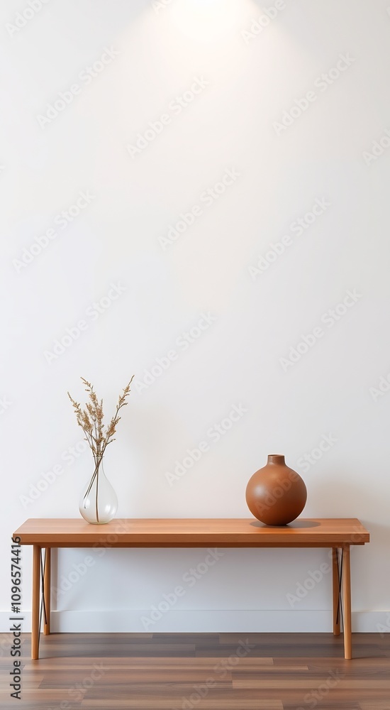 Wooden bench with vase and decorative vase against a white wall. Wooden bench with vase and decorative vase against a white wall.