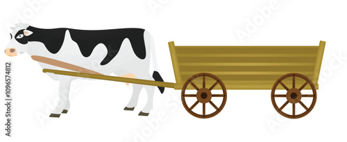 Cow pulling wooden trailer. vector