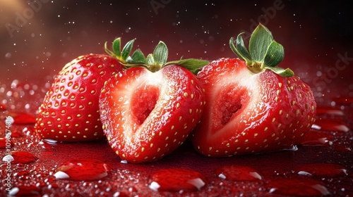 Close-up of juicy strawberries, perfect summer fruit, sliced and fresh, with water droplets, showcasing the vibrant red color and textures.