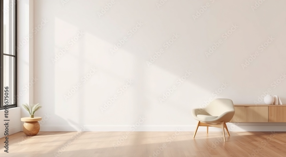 Minimalist living room interior with a single chair, wooden cabinet, and side table with a plant. Minimalist living room interior with a single chair, wooden cabinet, and side table with a plant.