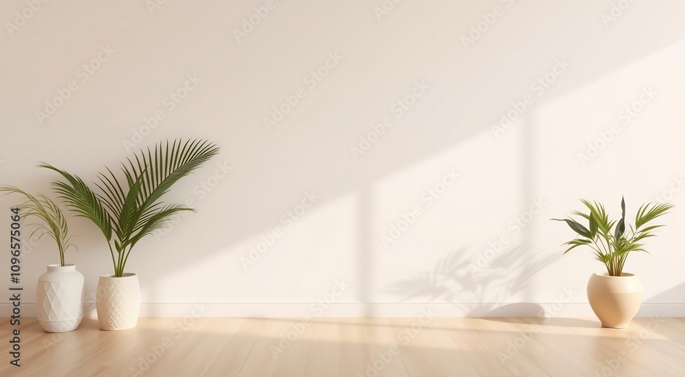 Minimalist interior with potted plants and light wooden floor. Minimalist interior with potted plants and light wooden floor.