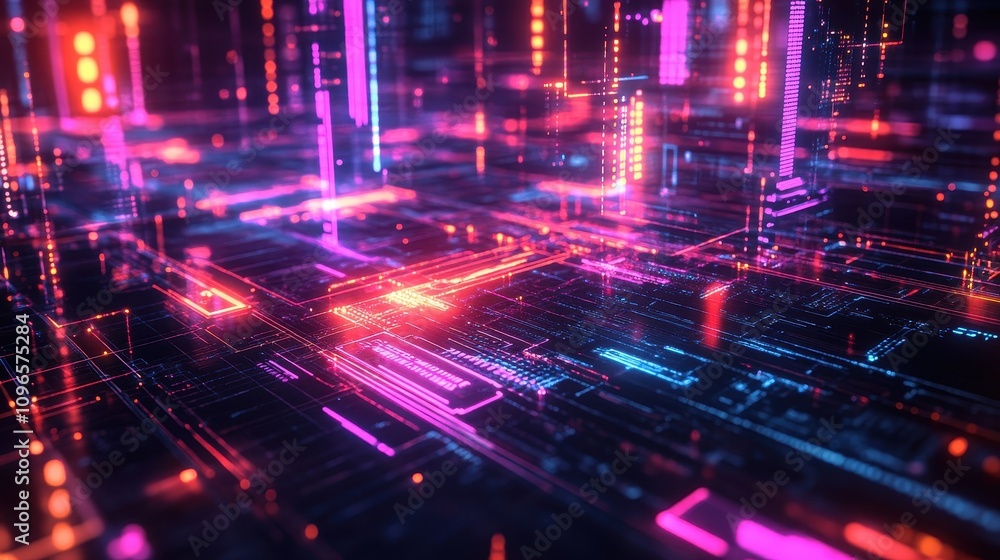 Futuristic Digital Cityscape with Neon Lights and Glowing Lines Futuristic Digital Cityscape with Neon Lights and Glowing Lines