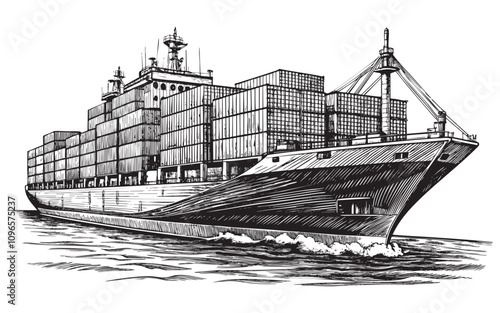 container cargo ship sketch hand drawn drawing vector illustration