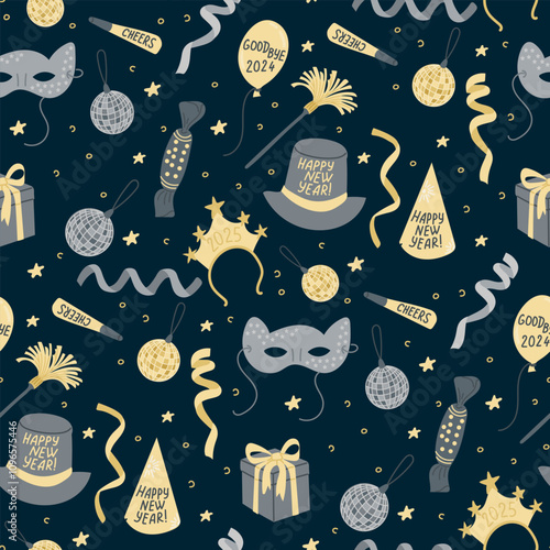 Canvas Print Seamless pattern with New Year party elements including masks, hats, balloons, gifts, streamers, and confetti on dark blue background