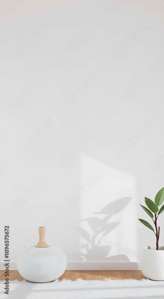 White ceramic pot with plant and shadow on white wall background. White ceramic pot with plant and shadow on white wall background.