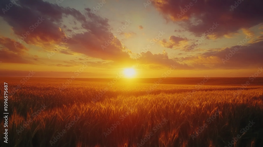 Fototapeta premium A field of golden wheat with a bright orange sun in the sky