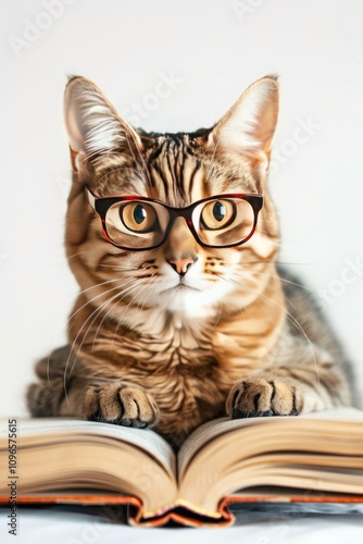 Wallpaper Mural Cute Cat Wearing Glasses Reading a Book in a Cozy Setting, Captivating Expression and Adorable Features Sure to Bring a Smile, Perfect for Cat Lovers and Book Enthusiasts Torontodigital.ca