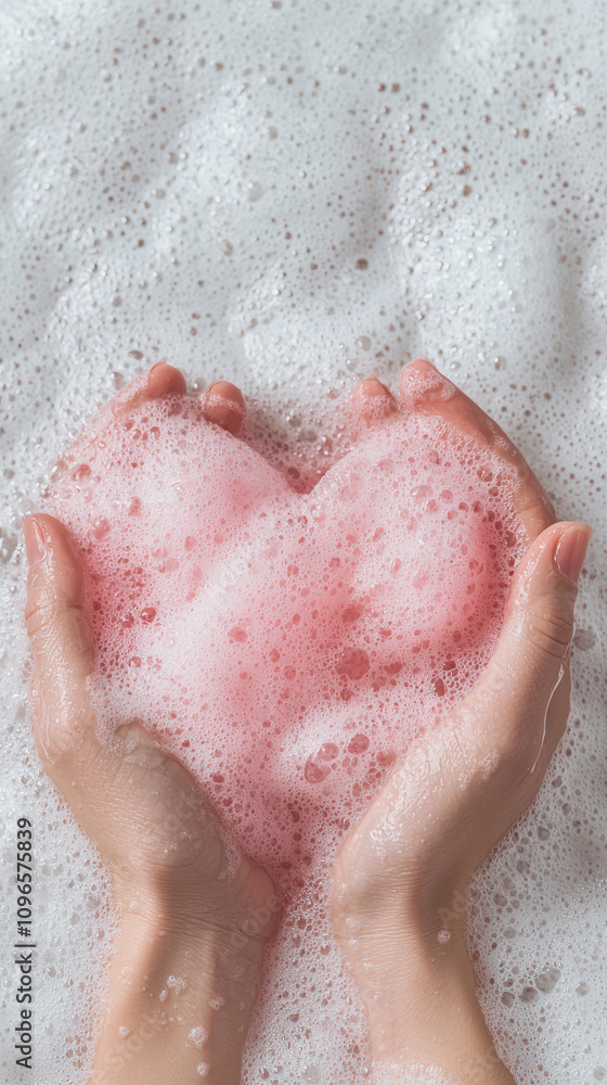 Fototapeta premium Creating heart shape with gloved hands in pink soap bubbles evokes sense of love and care. soft texture and playful atmosphere enhance emotional expression
