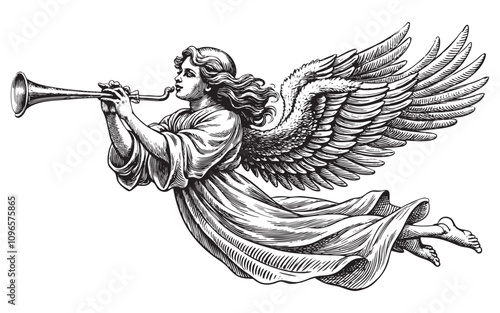 Angel flying and trumpet on pipe sketch hand drawn drawing vector illustration