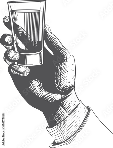 Drinking shot engraving. Vodka glass in male hand