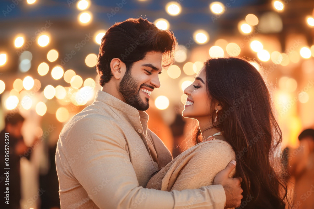 Beautiful Punjabi couple In punjabi attire celebrating Lohri festival at night with born fire at outdoor bokeh background Beautiful Punjabi couple In punjabi attire celebrating Lohri festival at night with born fire at outdoor bokeh background