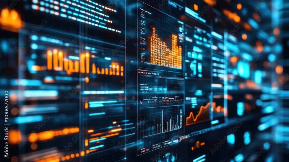 Abstract digital data visualization with glowing orange and blue lines, charts, and graphs on a dark background. Abstract digital data visualization with glowing orange and blue lines, charts, and graphs on a dark background.