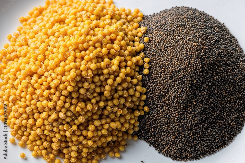 Mustard and Poppy Seeds on White Background for Culinary Seasoning Mustard and Poppy Seeds on White Background for Culinary Seasoning