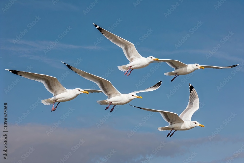 Fototapeta premium Elegant Snow-White Seagulls in Perfect Flight Formation