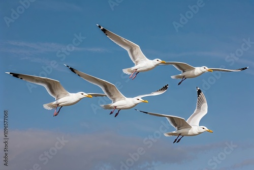 Elegant Snow-White Seagulls in Perfect Flight Formation