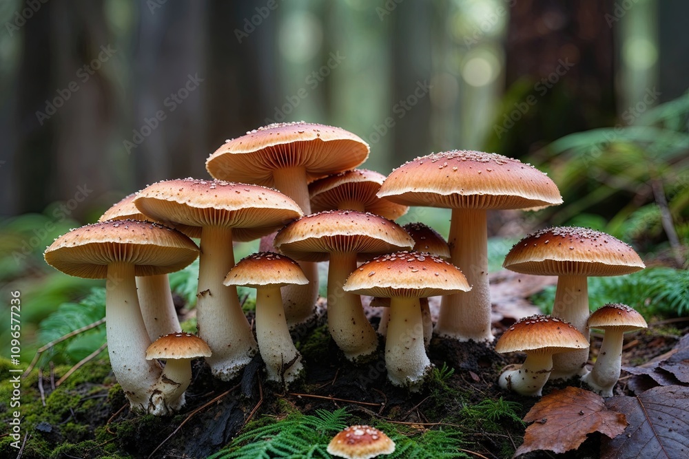 Clusters of Mushrooms in a Vibrant Woodland Ecosystem Clusters of Mushrooms in a Vibrant Woodland Ecosystem