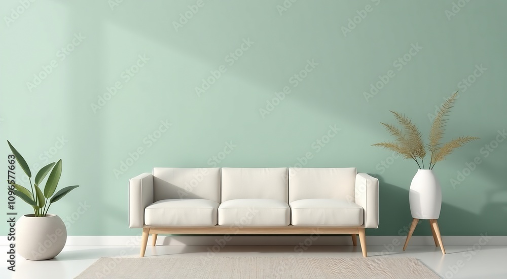 Minimalist living room with a white couch and a green wall. Minimalist living room with a white couch and a green wall.