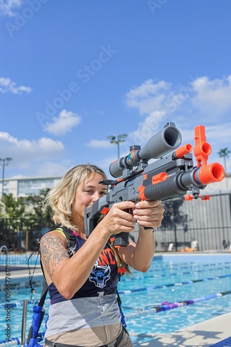 Enthusiastic woman enjoys water gun battle at sunny swimming pool on a bright day