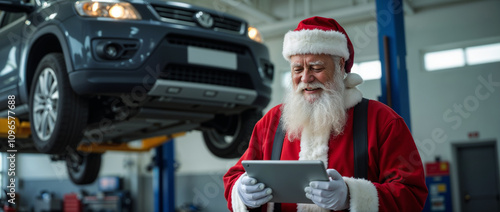 Wallpaper Mural Santa Claus, dressed in his classic red suit, reviews documents on a tablet in an auto workshop, surrounded by car lift equipment and tools. A blend of holiday spirit and mechanical work.

 Torontodigital.ca