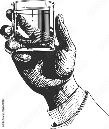 Alcohol drinking engraving. Hand hold glass sketch