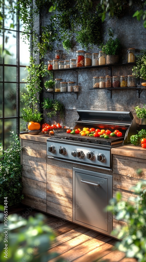 Rustic Outdoor Kitchen with Modern Appliances and Greenery. A Stunning Outdoor Cooking Space with Stylish Design Rustic Outdoor Kitchen with Modern Appliances and Greenery. A Stunning Outdoor Cooking Space with Stylish Design
