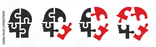 Set of human heads with puzzles icons. Puzzle human face, mental health, logical thinking, idea, business, business project. Vector.