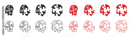 Set of human heads with puzzles icons. Puzzle human face, mental health, logical thinking, idea, business, business project. Vector.