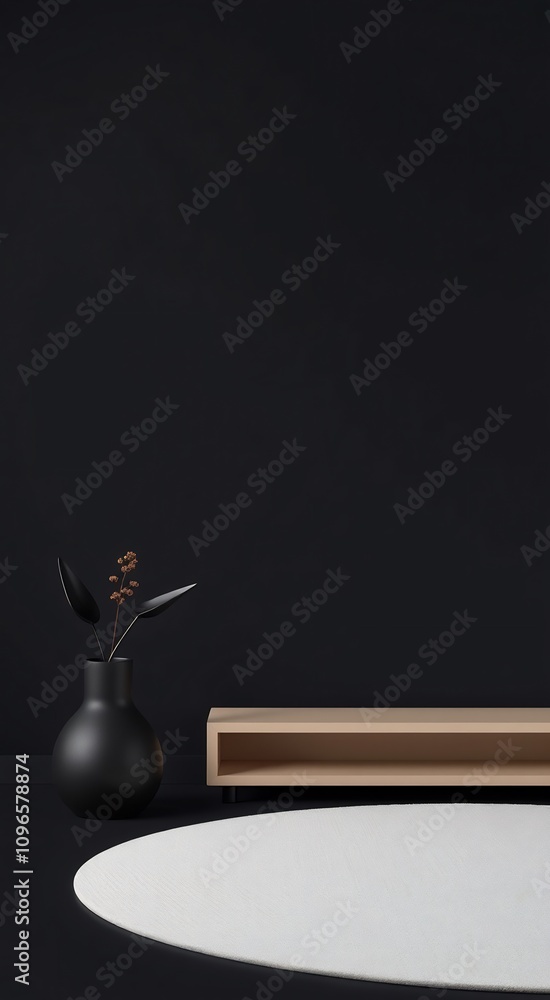 Black vase with dried flowers on a shelf with a white rug. Black vase with dried flowers on a shelf with a white rug.
