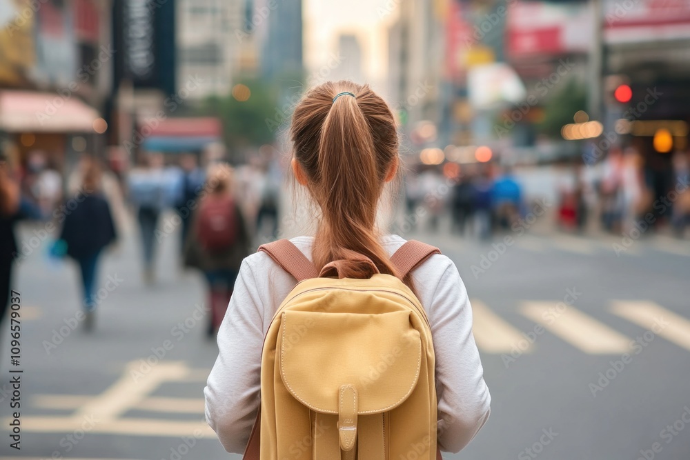 Fototapeta premium Young Girl with Backpack in Urban Setting Observing City Life, Capturing the Spirit of Adventure and Exploration Amidst a Busy Street Scene