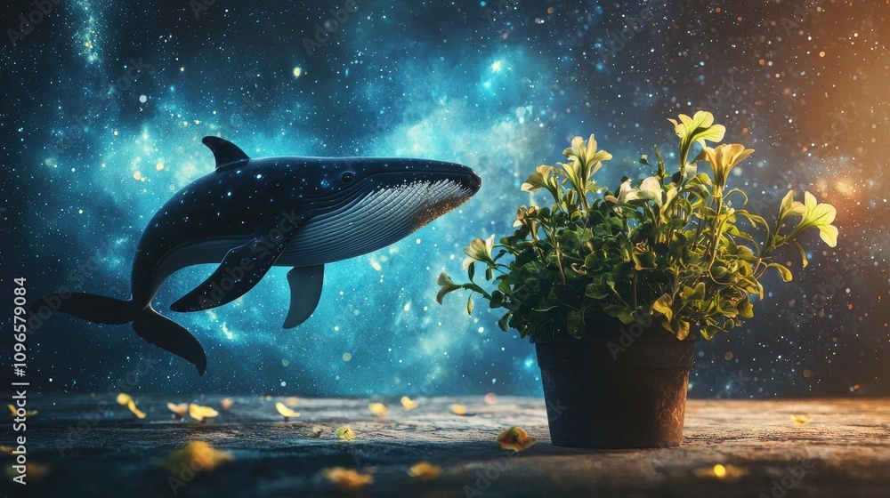 Obraz premium The friendship between a telepathic moon whales and a petunia pot