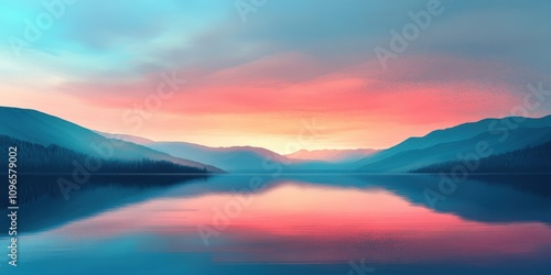 A digital illustration of a stunning sunset over a calm lake and mountain range, with warm pink and blue hues