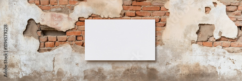 An empty white canvas against an old, peeling plaster brick wall, offering a striking contrast between the blank slate and historical context in this artistic scene. photo