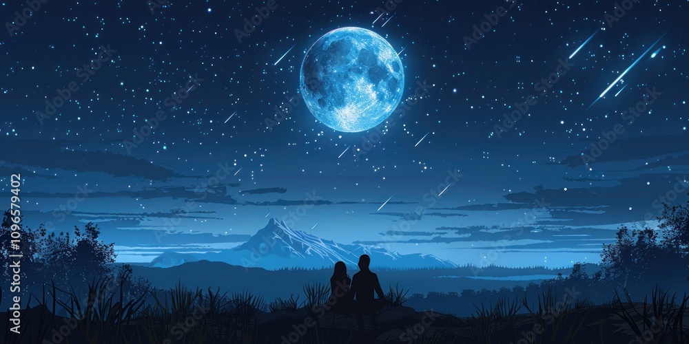 Naklejka premium Starry Night Romance Under a Full Moon