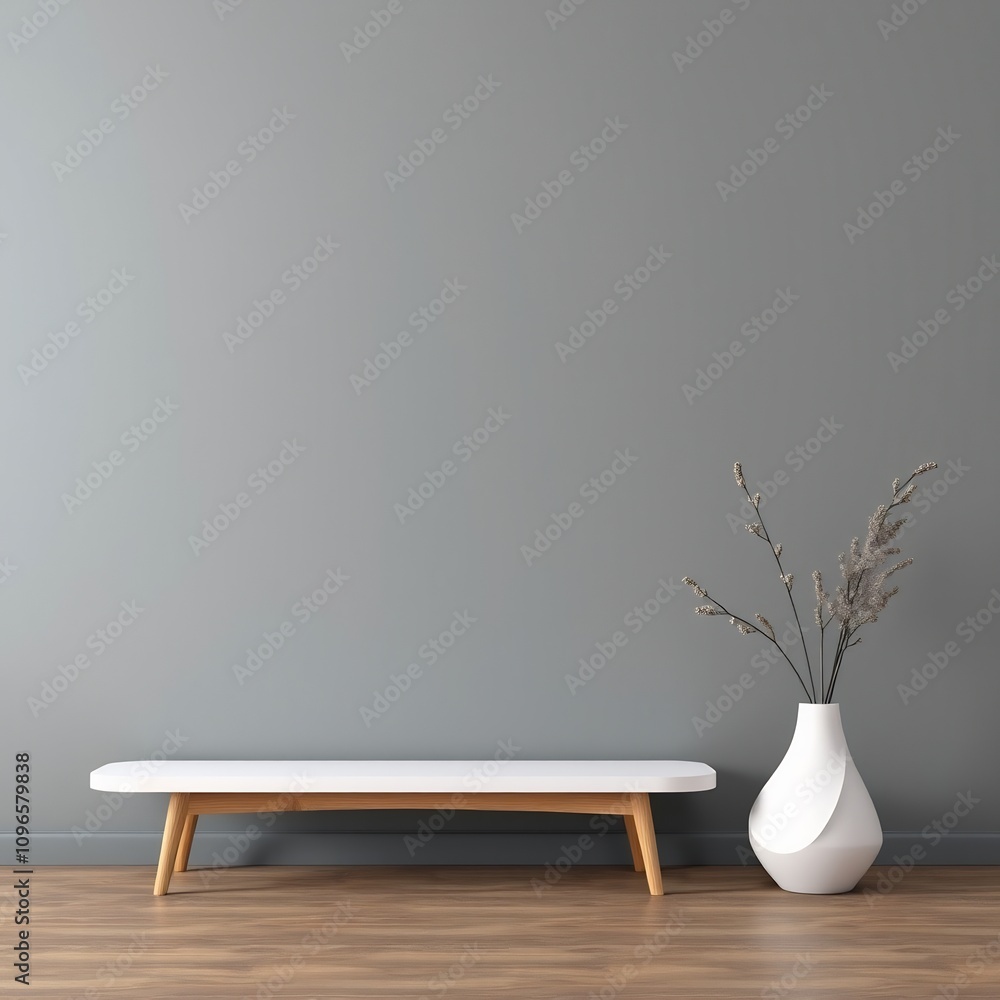 White bench with dried flower arrangement in a white vase in a modern living room. White bench with dried flower arrangement in a white vase in a modern living room.