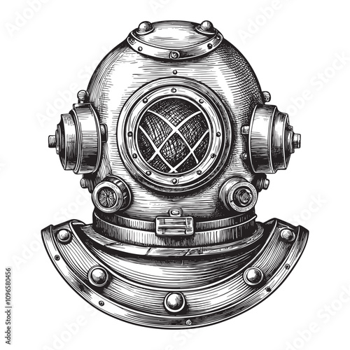 old diving helmet sketch hand drawn drawing vector illustration