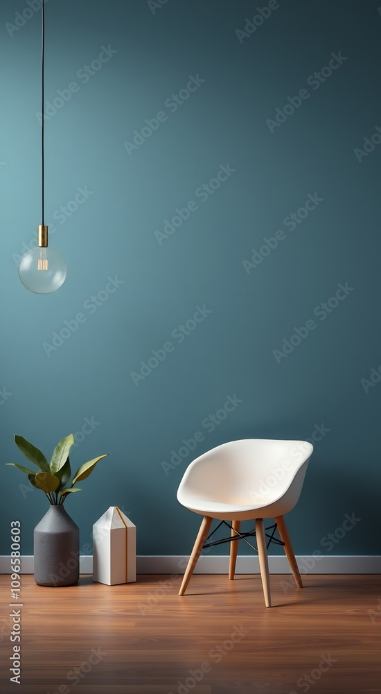 A modern living room with a teal wall, a white chair, a hanging lightbulb, and a plant in a gray vase. A modern living room with a teal wall, a white chair, a hanging lightbulb, and a plant in a gray vase.