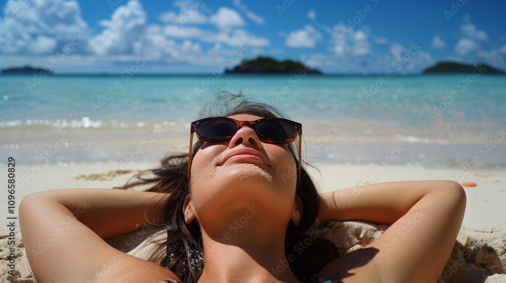 Woman in sunglasses sunbathing on a beach.