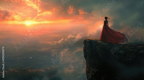 A woman in a flowing red dress stands on a cliff, gazing at a vivid sunset over the landscape.