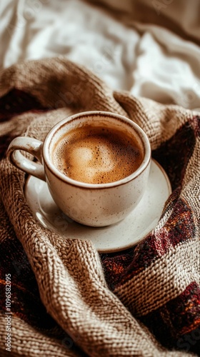 A cup of coffee is sitting on a white plate on a blanket. The coffee is hot and the cup is full. The blanket is a mix of colors and textures, creating a cozy and comfortable atmosphere photo