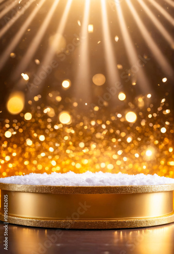 Golden Podium with Snow and Glittering Background photo