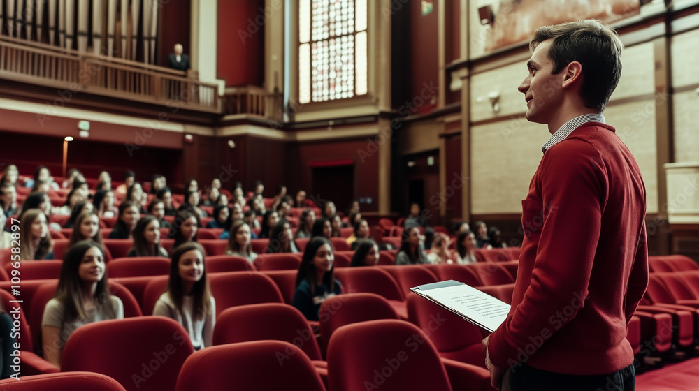 Engaging University Lecturer Inspiring an Audience During an Interactive Lecture Session in a Historic Auditorium