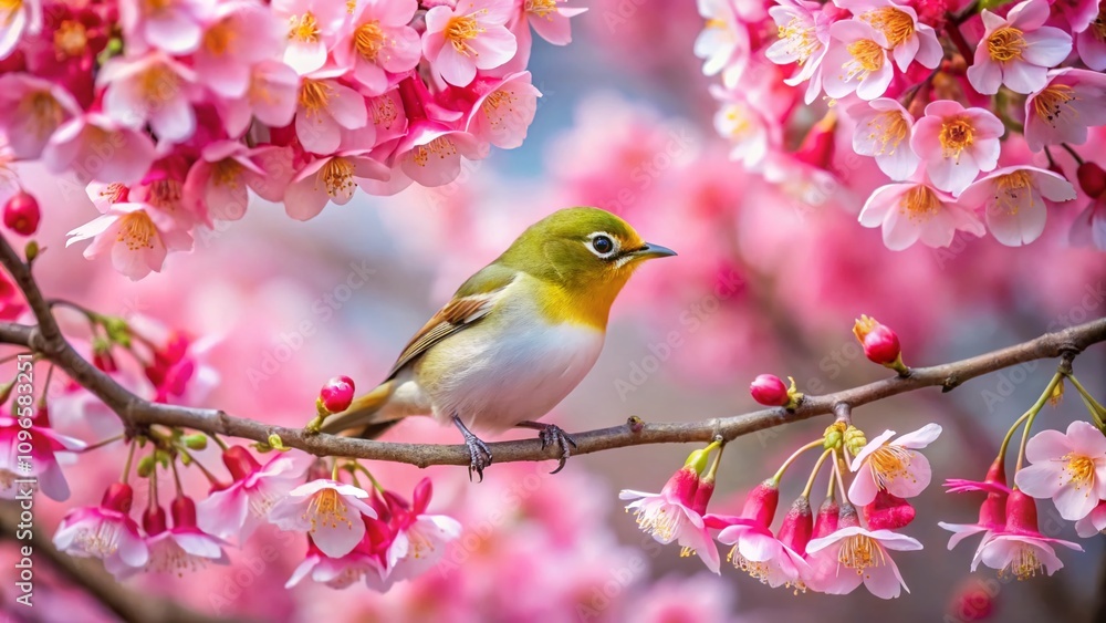 Charming Scene of Pink Cherry Blossom Tree with Whimsical Whiteeye Birds on a Soft Background, Perfect for Nature Lovers and Artistic Home Décor Charming Scene of Pink Cherry Blossom Tree with Whimsical Whiteeye Birds on a Soft Background, Perfect for Nature Lovers and Artistic Home Décor